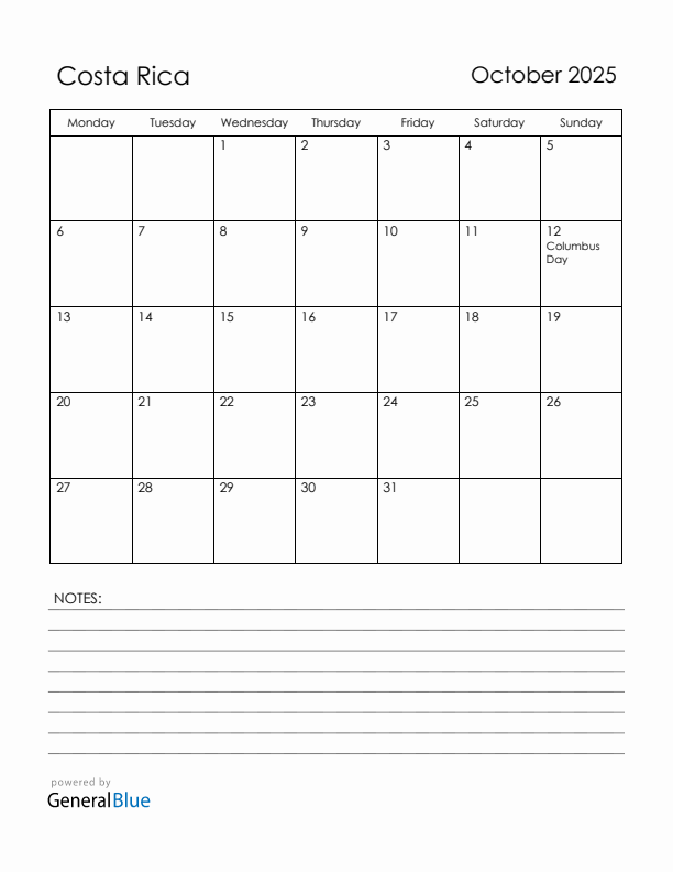 October 2025 Costa Rica Calendar with Holidays (Monday Start)