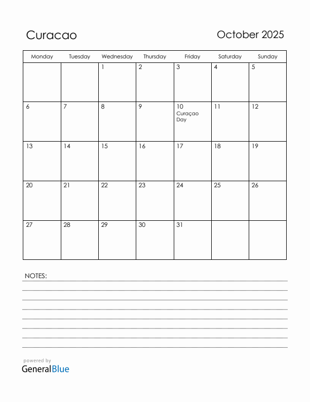 October 2025 Curacao Calendar with Holidays (Monday Start)
