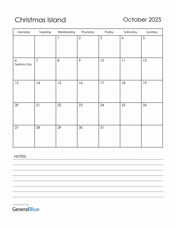 October 2025 Christmas Island Calendar with Holidays (Monday Start)