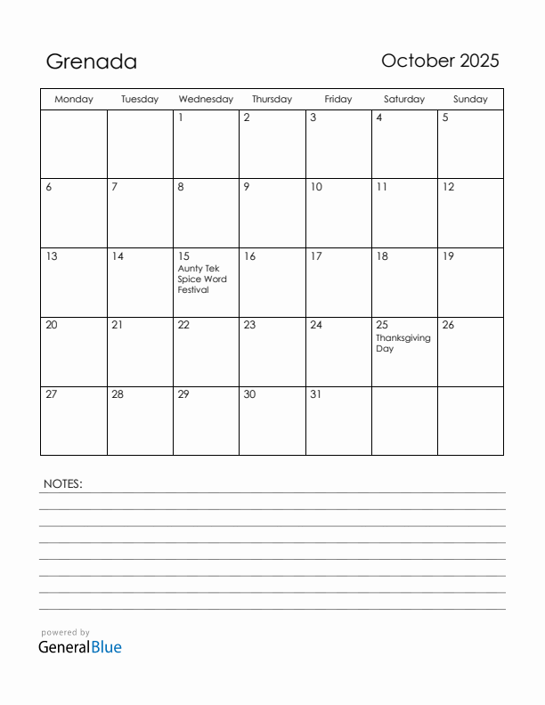 October 2025 Grenada Calendar with Holidays (Monday Start)