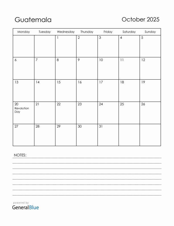 October 2025 Guatemala Calendar with Holidays (Monday Start)