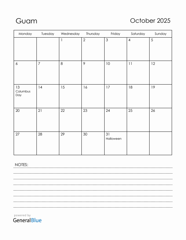 October 2025 Guam Calendar with Holidays (Monday Start)