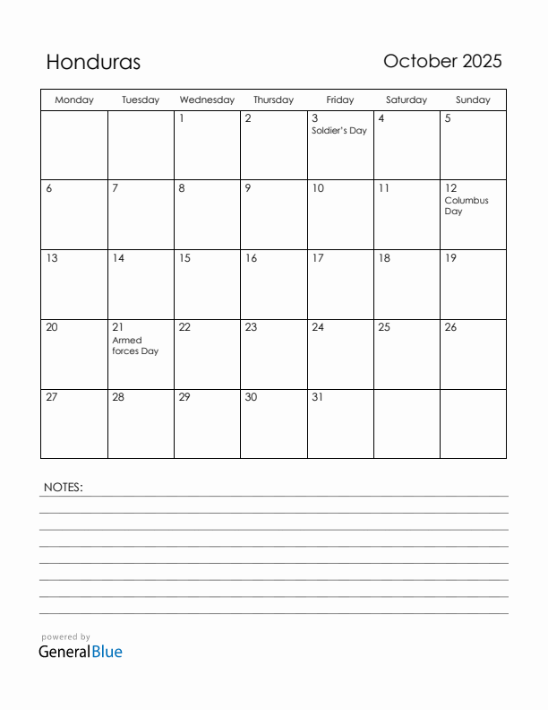 October 2025 Honduras Calendar with Holidays (Monday Start)