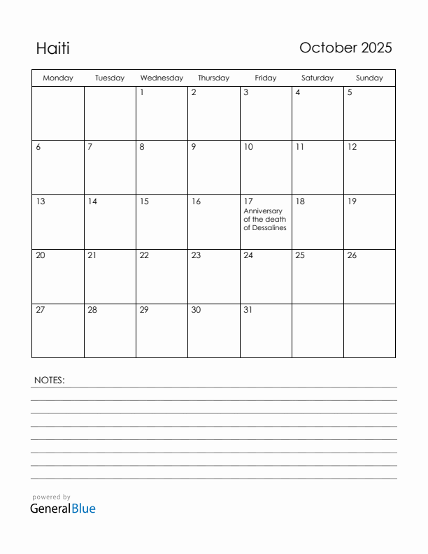 October 2025 Haiti Calendar with Holidays (Monday Start)