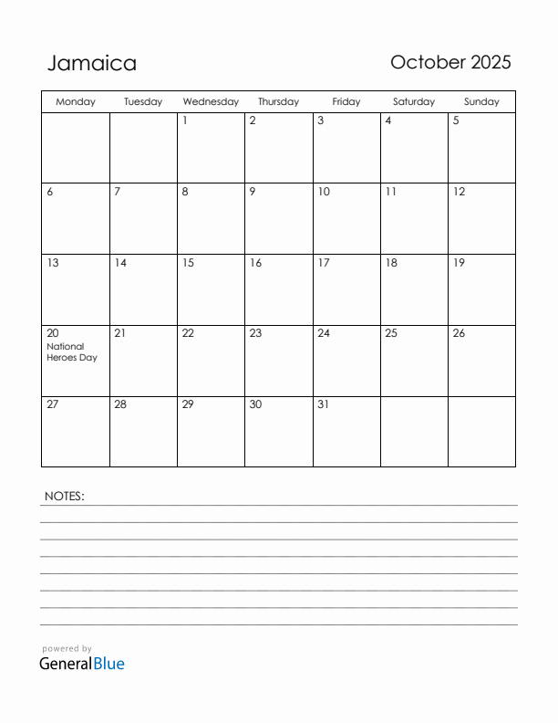 October 2025 Jamaica Monthly Calendar with Holidays