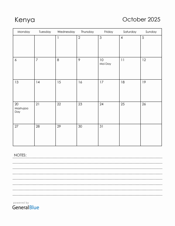October 2025 Kenya Calendar with Holidays (Monday Start)