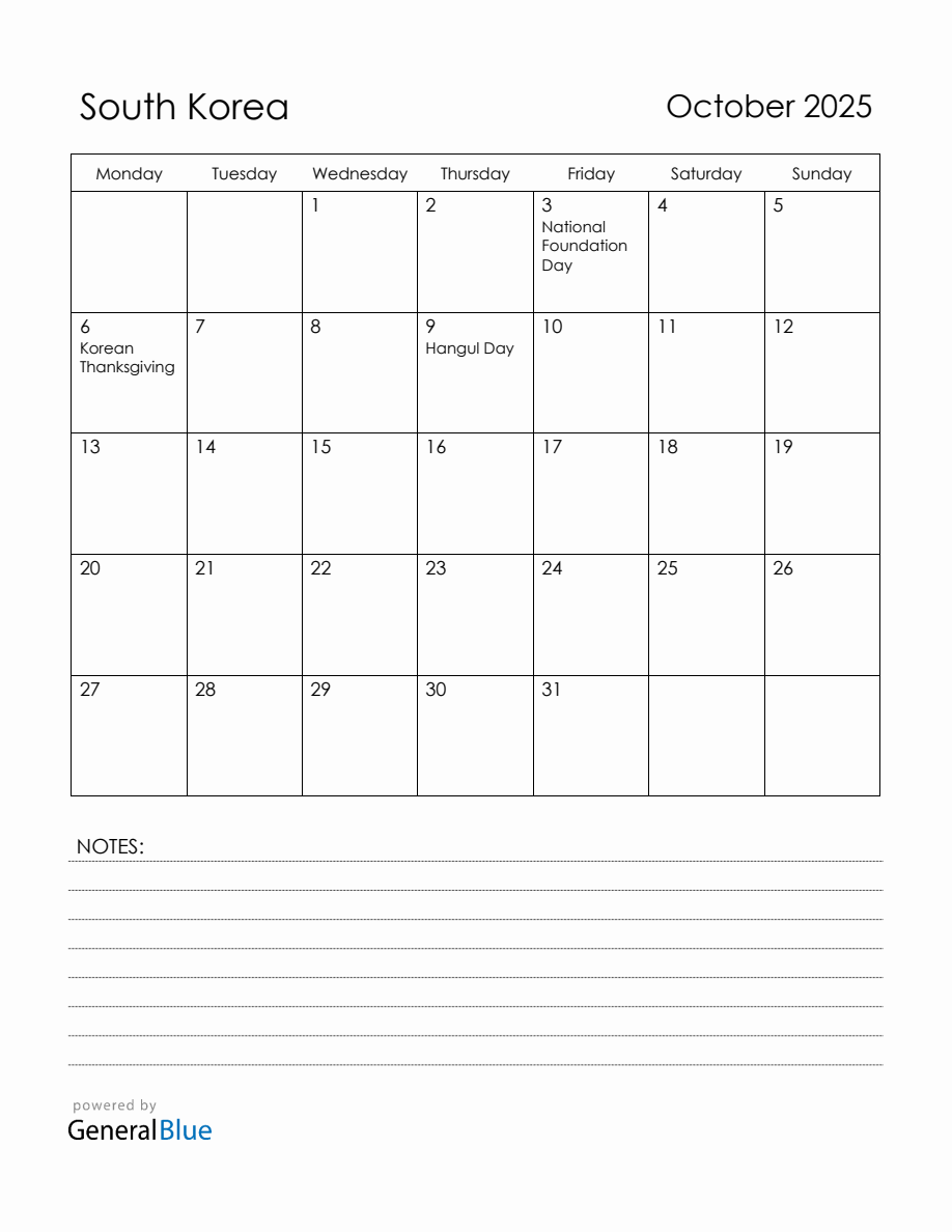 October 2025 South Korea Calendar with Holidays
