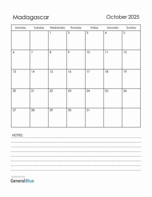 October 2025 Madagascar Calendar with Holidays (Monday Start)