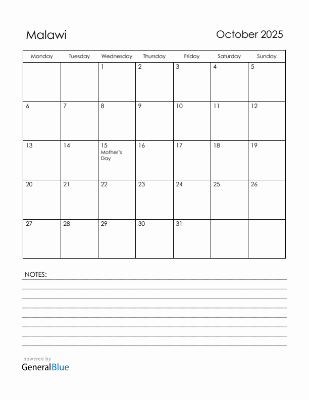 October 2025 Malawi Calendar with Holidays (Monday Start)