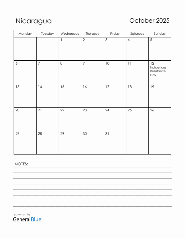 October 2025 Nicaragua Calendar with Holidays (Monday Start)