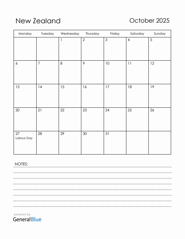 October 2025 New Zealand Calendar with Holidays (Monday Start)