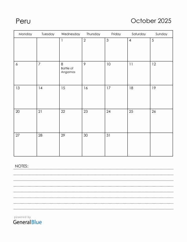 October 2025 Peru Calendar with Holidays (Monday Start)