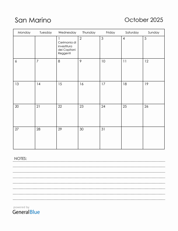 October 2025 San Marino Calendar with Holidays (Monday Start)