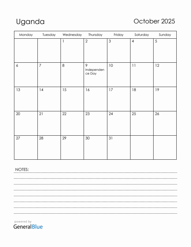 October 2025 Uganda Calendar with Holidays (Monday Start)