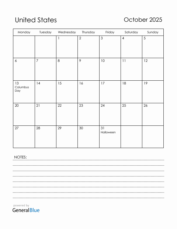October 2025 United States Calendar with Holidays (Monday Start)