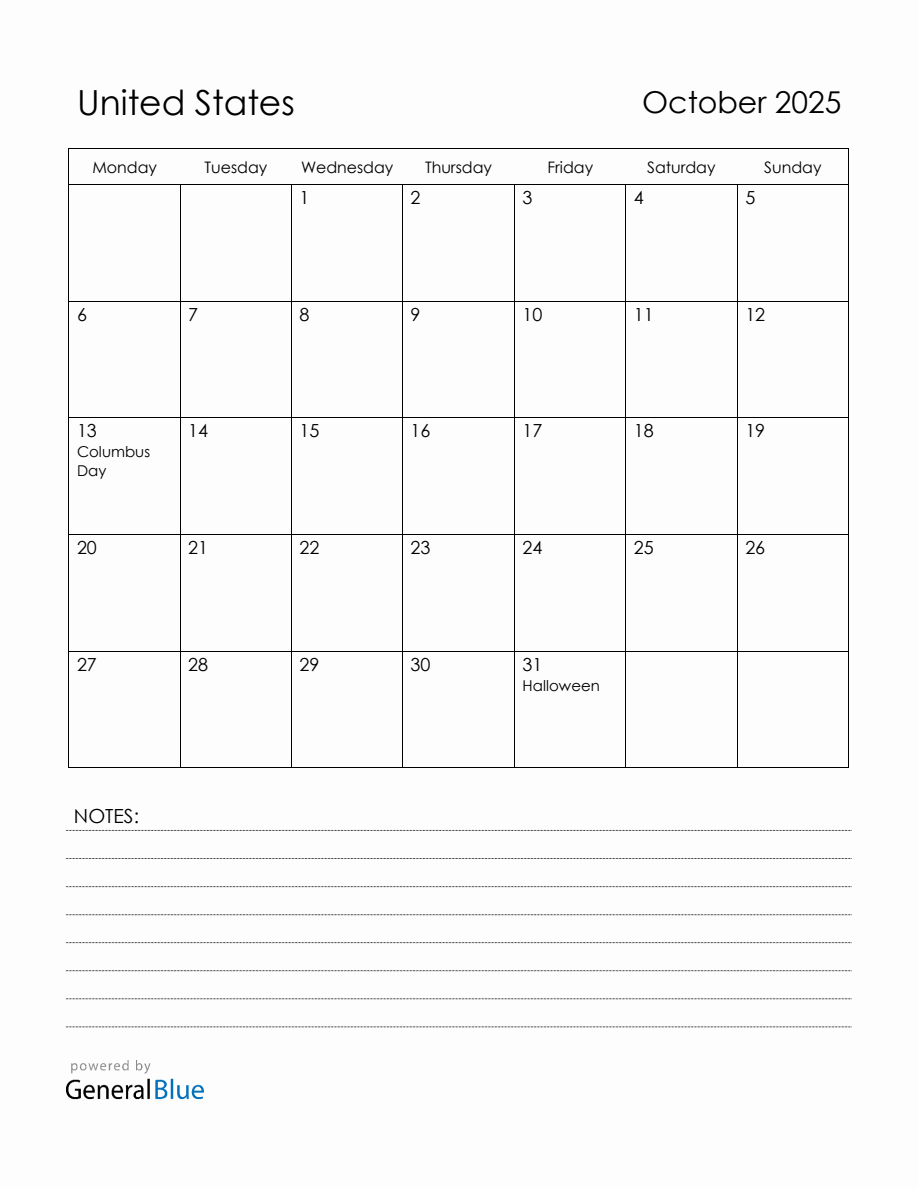October 2025 United States Calendar with Holidays
