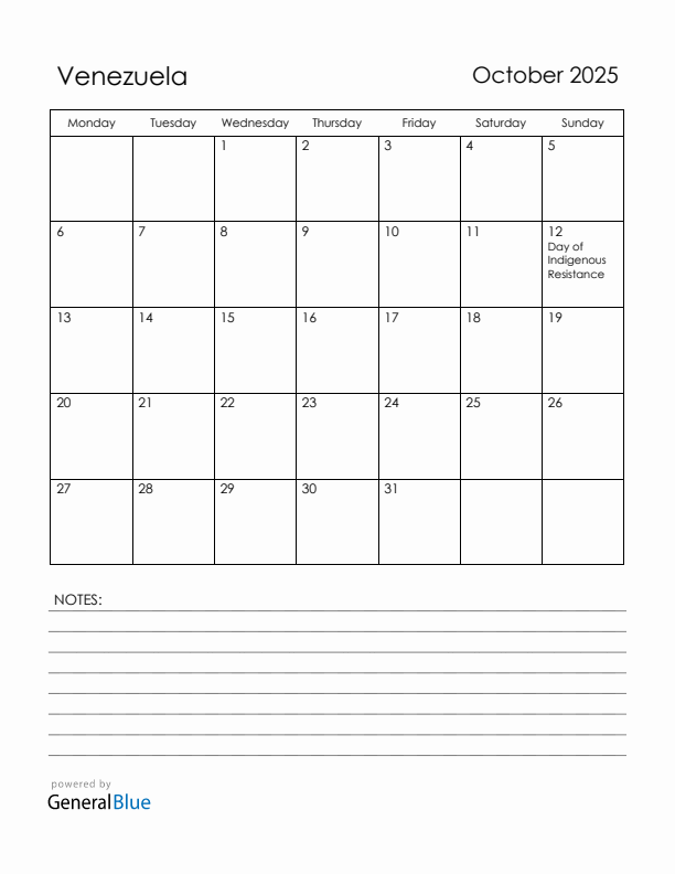 October 2025 Venezuela Calendar with Holidays (Monday Start)