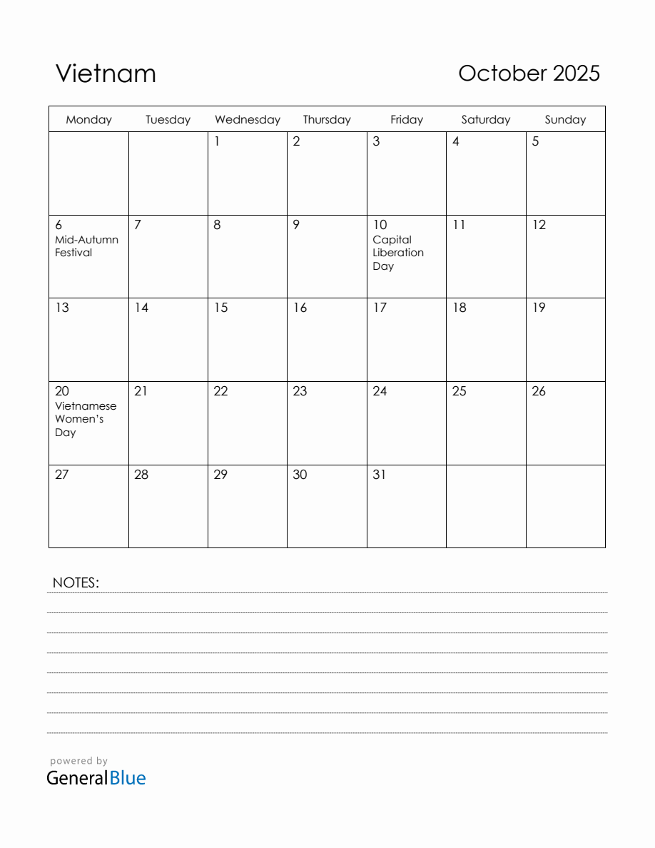 October 2025 Vietnam Calendar with Holidays