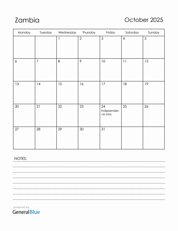 October 2025 Zambia Calendar with Holidays (Monday Start)
