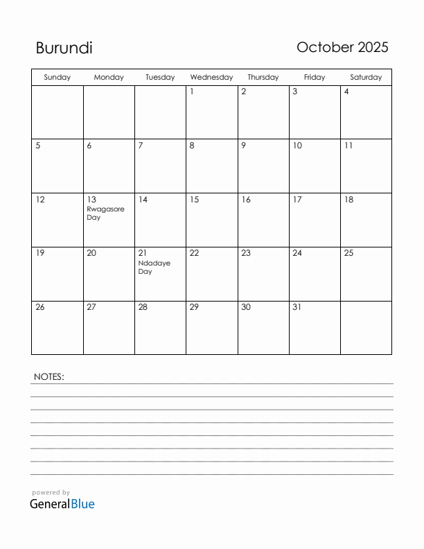 October 2025 Burundi Calendar with Holidays (Sunday Start)