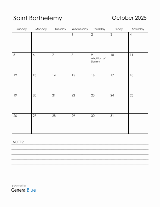 October 2025 Saint Barthelemy Calendar with Holidays (Sunday Start)