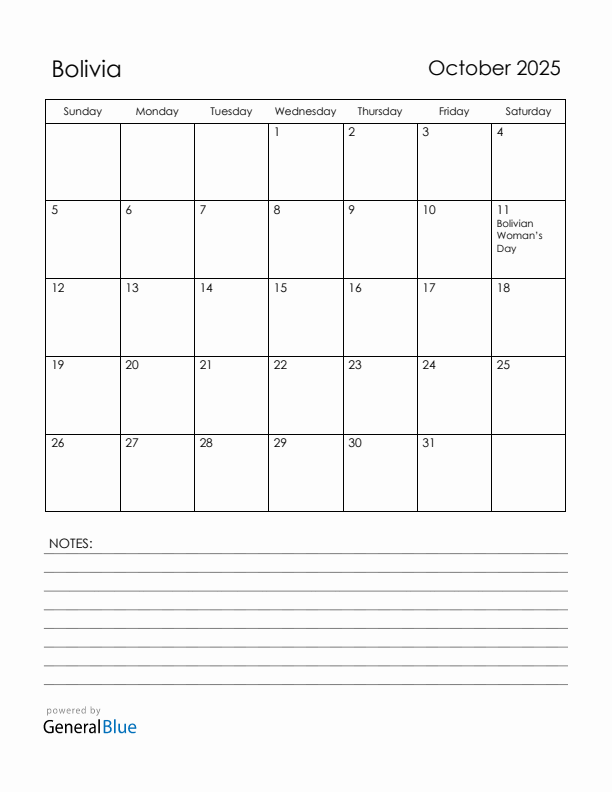 October 2025 Bolivia Calendar with Holidays (Sunday Start)