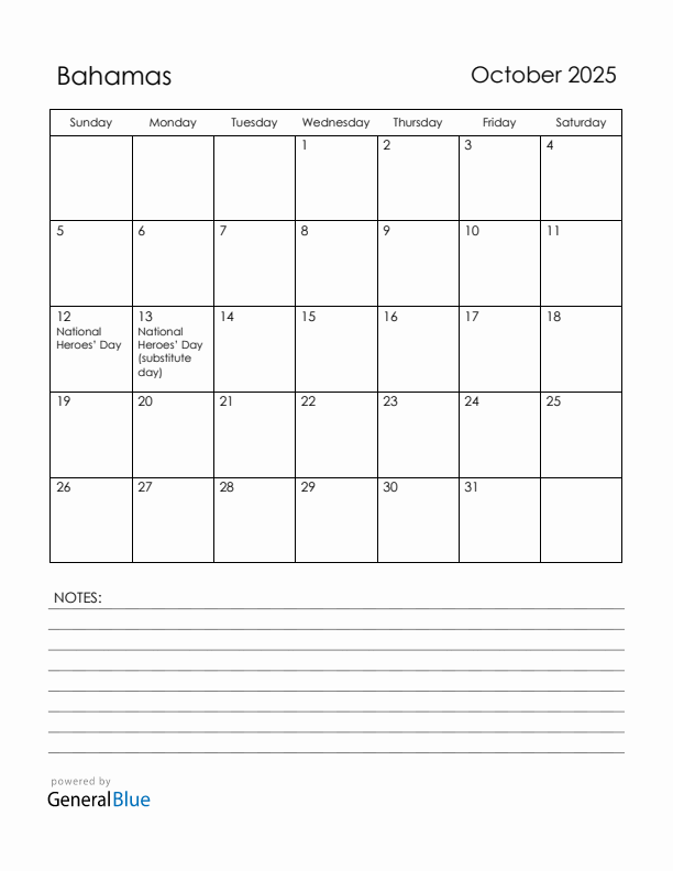 October 2025 Bahamas Calendar with Holidays (Sunday Start)