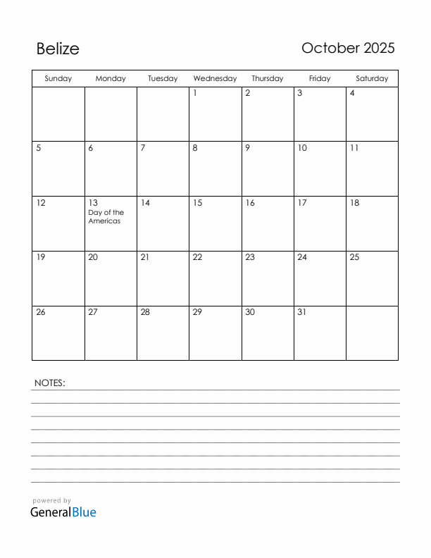 October 2025 Belize Calendar with Holidays (Sunday Start)