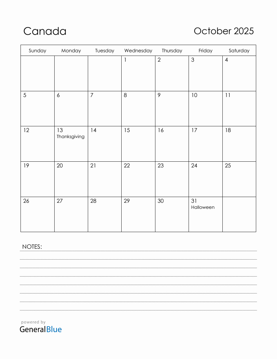 October 2025 Canada Calendar with Holidays