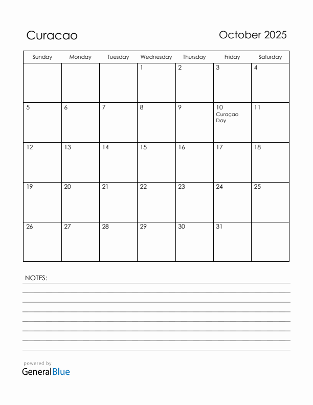 October 2025 Curacao Calendar with Holidays (Sunday Start)