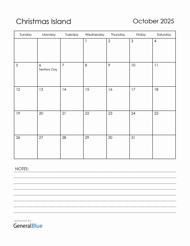 October 2025 Christmas Island Calendar with Holidays (Sunday Start)
