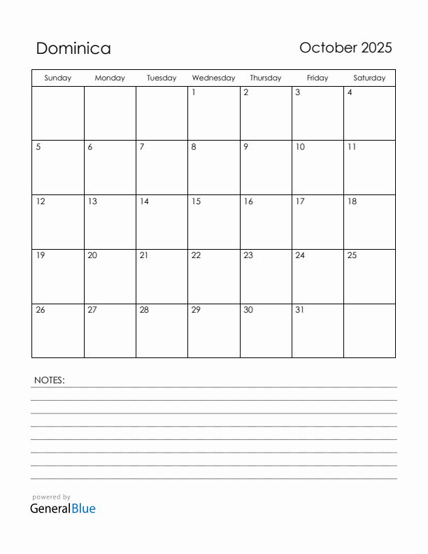 October 2025 Dominica Calendar with Holidays (Sunday Start)