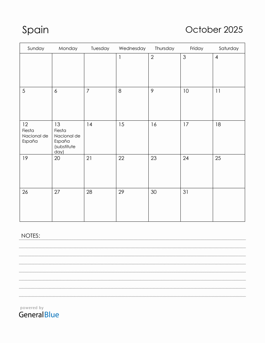 October 2025 Spain Calendar with Holidays