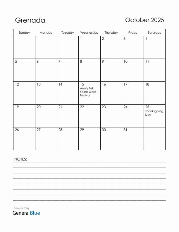 October 2025 Grenada Calendar with Holidays (Sunday Start)