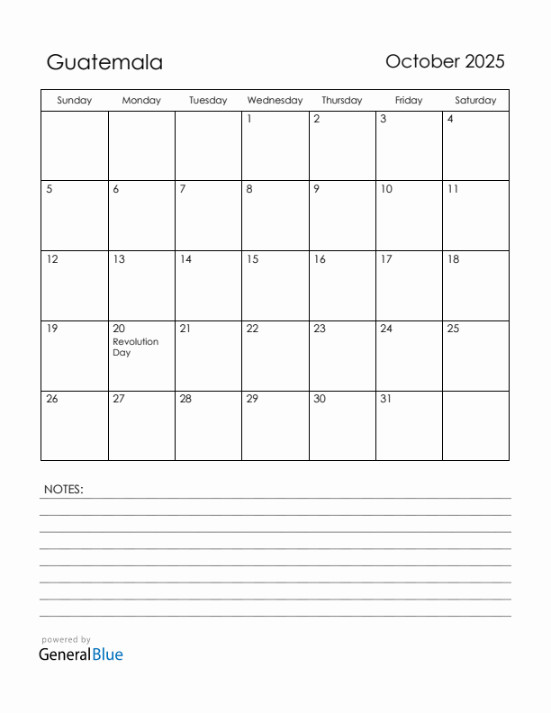 October 2025 Guatemala Calendar with Holidays (Sunday Start)