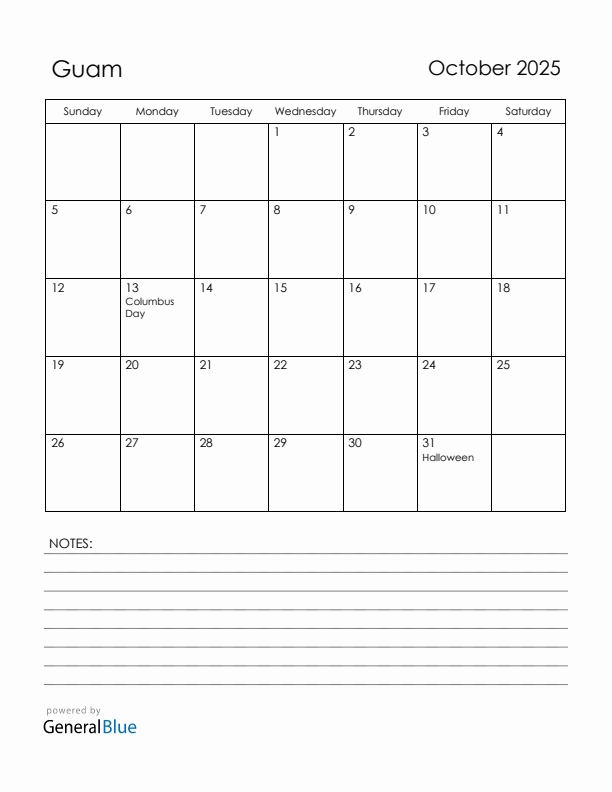 October 2025 Guam Calendar with Holidays (Sunday Start)