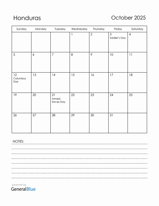 October 2025 Honduras Calendar with Holidays (Sunday Start)