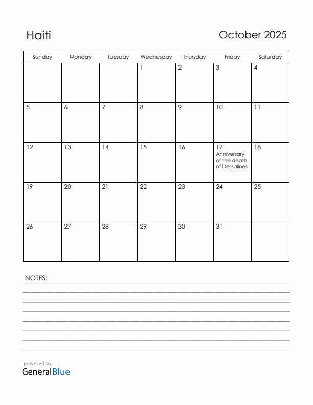 October 2025 Haiti Calendar with Holidays (Sunday Start)