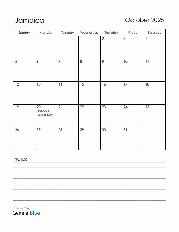 October 2025 Jamaica Calendar with Holidays (Sunday Start)