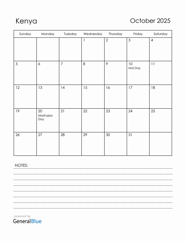 October 2025 Kenya Calendar with Holidays (Sunday Start)