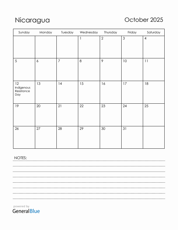October 2025 Nicaragua Calendar with Holidays (Sunday Start)