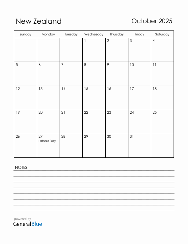 October 2025 New Zealand Calendar with Holidays (Sunday Start)