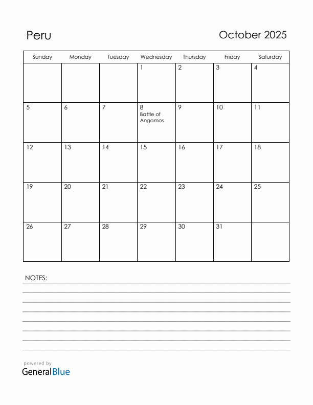 October 2025 Peru Calendar with Holidays (Sunday Start)