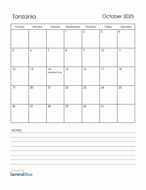 October 2025 Tanzania Calendar with Holidays (Sunday Start)