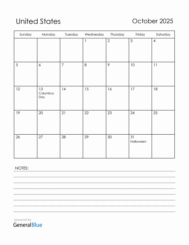 October 2025 United States Calendar with Holidays (Sunday Start)