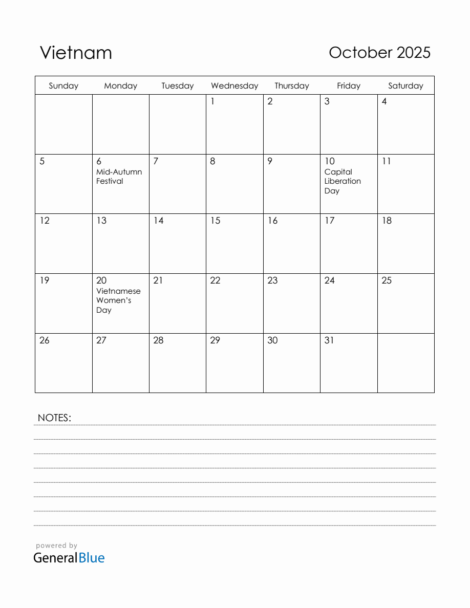 October 2025 Vietnam Calendar with Holidays