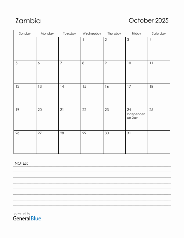 October 2025 Zambia Calendar with Holidays (Sunday Start)