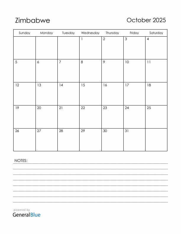 October 2025 Zimbabwe Calendar with Holidays (Sunday Start)