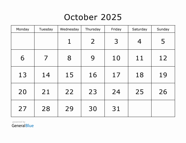 Printable October 2025 Calendar - Monday Start