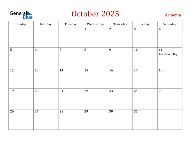 Armenia October 2025 Calendar